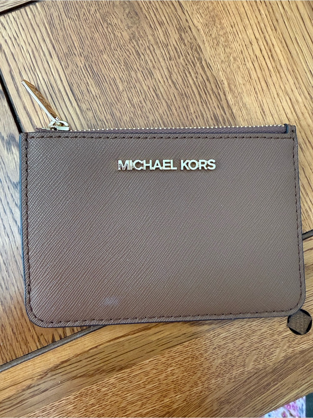 Michael Kors Brown Leather Zip Card Holder with Gold Logo